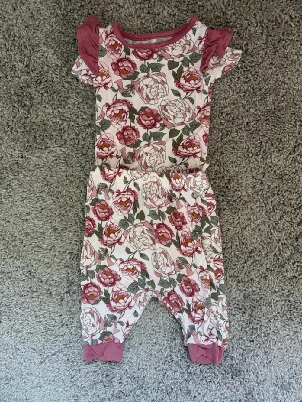 Milkberry Floral Pink Bodysuit + Pants with Ruffle Sleeves